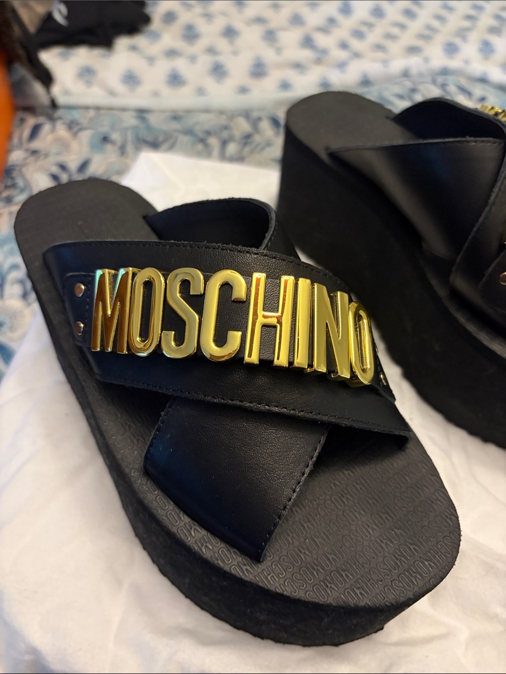 Moschino Black Platform Slide Sandals with Gold Logo